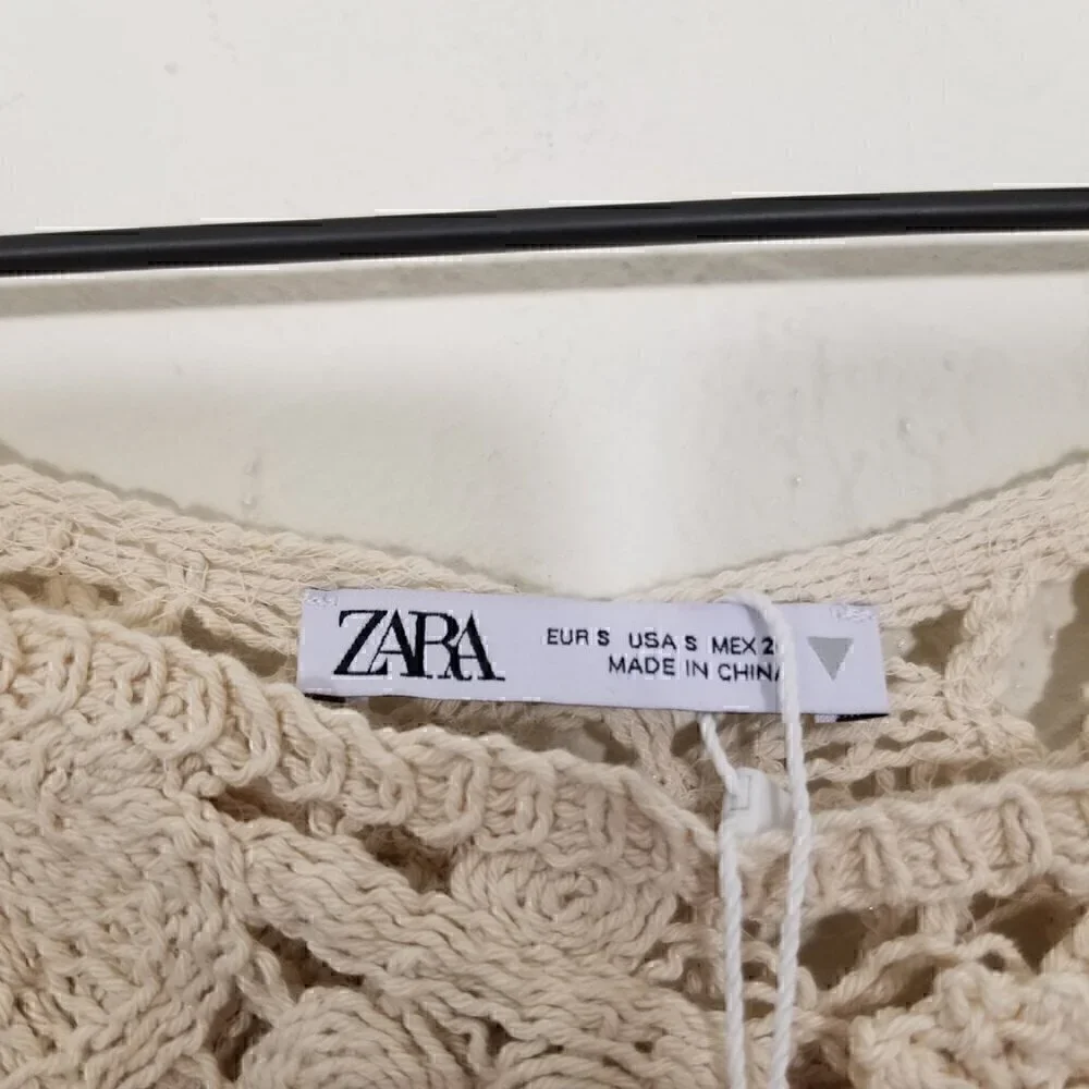 Zara Crochet Long Sleeve Cropped Top Cream Size S - Picture 5 of 6